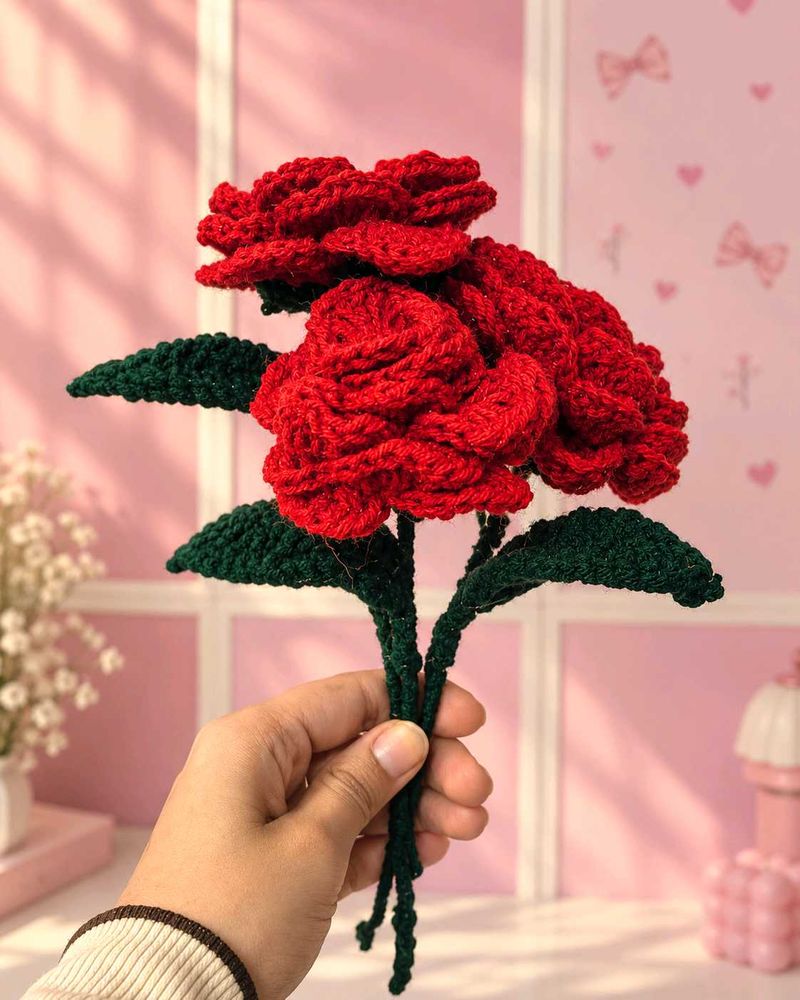 Handmade Crocheted Red Roses (Pack Of 3)