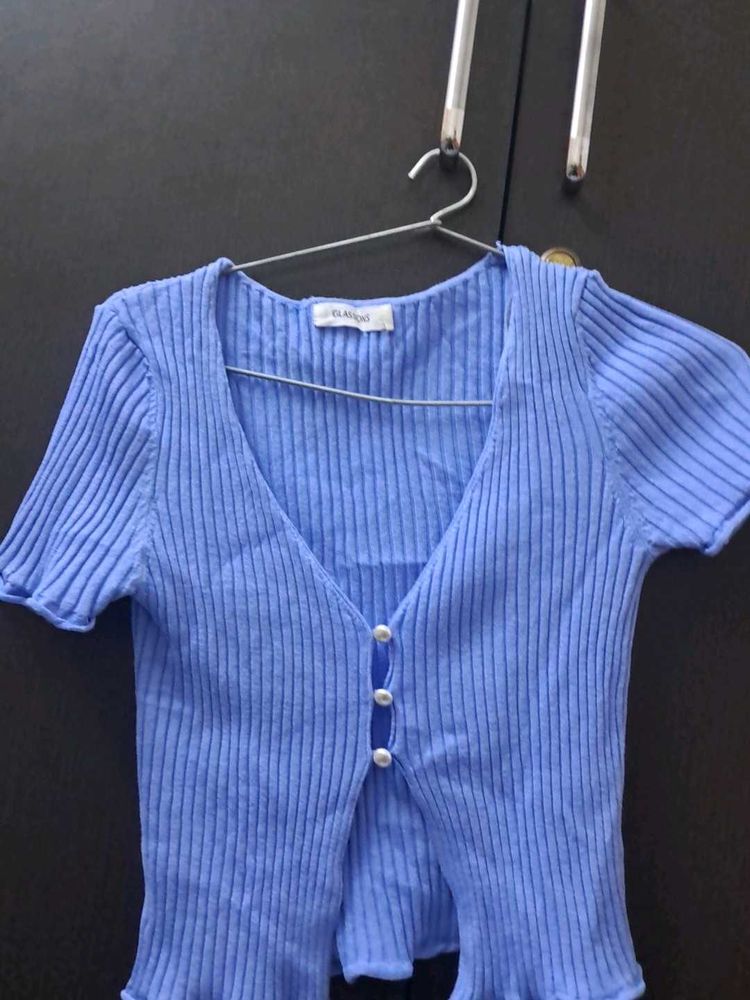 Blue Ribbed Knit Cardigan