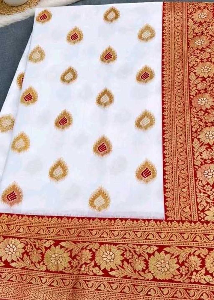 Elegant White Saree with Gold &amp; Red Border Gauti Z