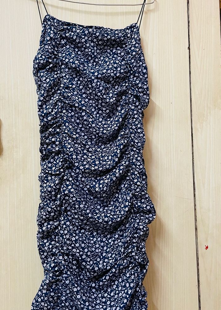 Navy Blue Floral Ruched Bodycon Mini Dress