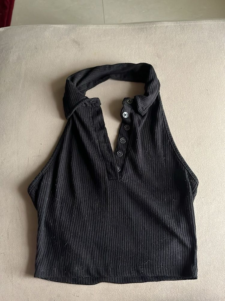 Ribbed Black Halter Crop Top
