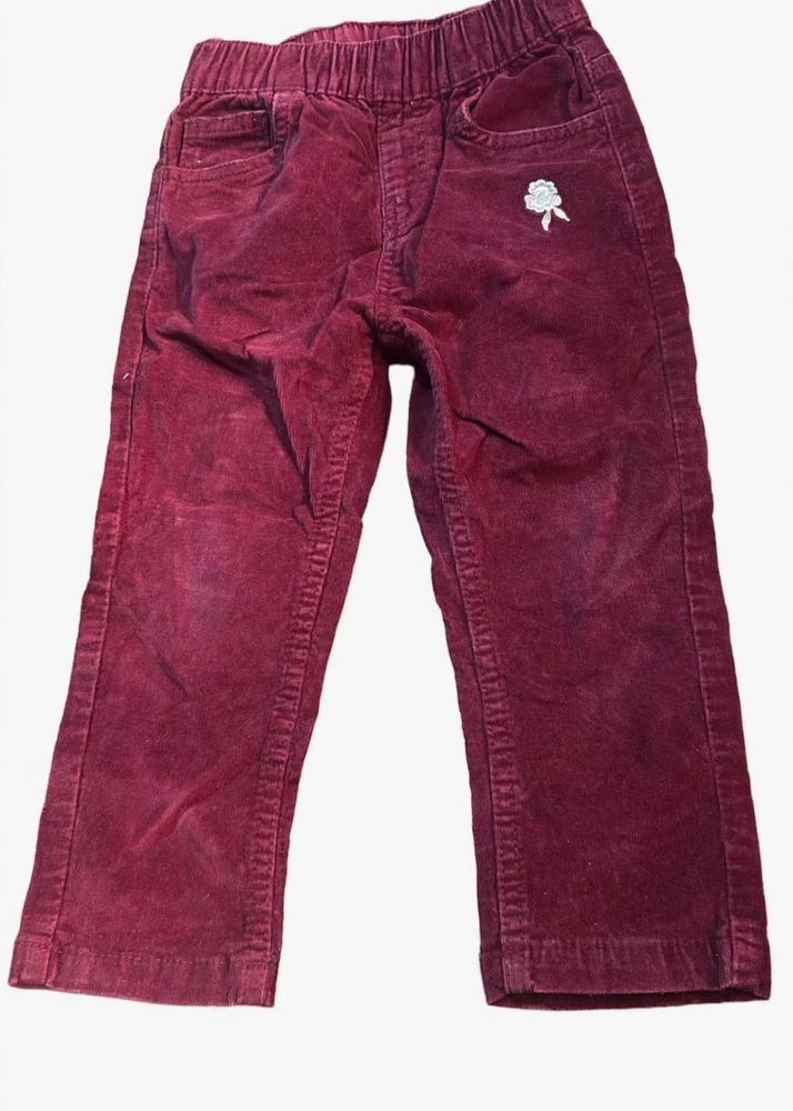 Maroon Corduroy Pants with Rose Embroidery