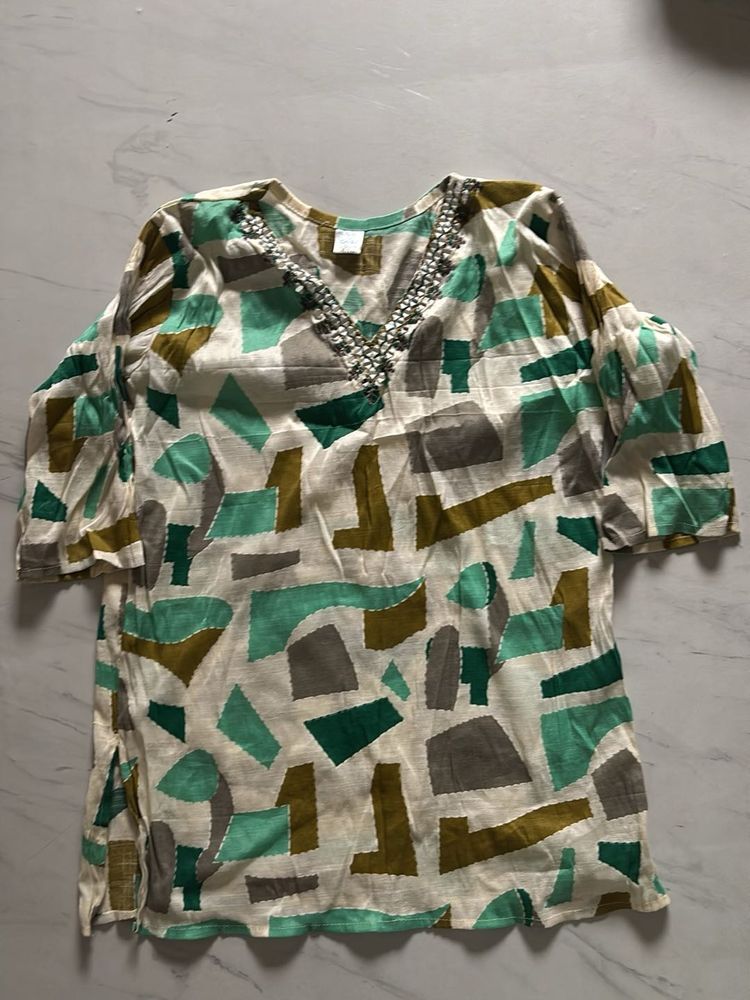 Bohemian Print Kurta with Embellished Neckline