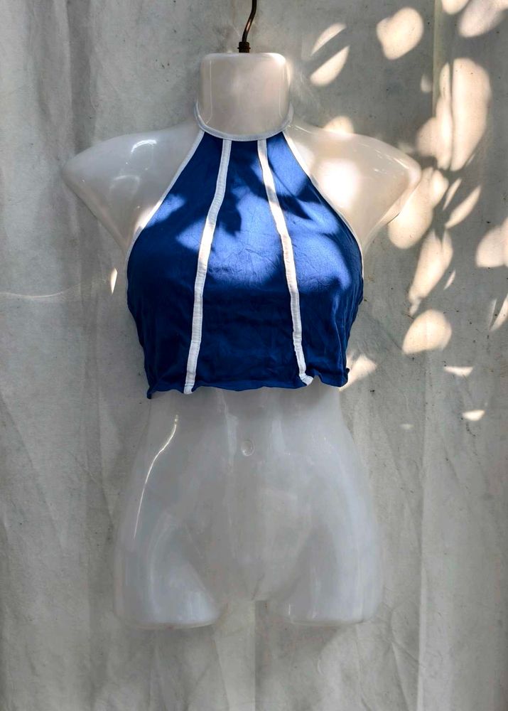 411110. Blue &amp; White Striped Halter Crop Top
