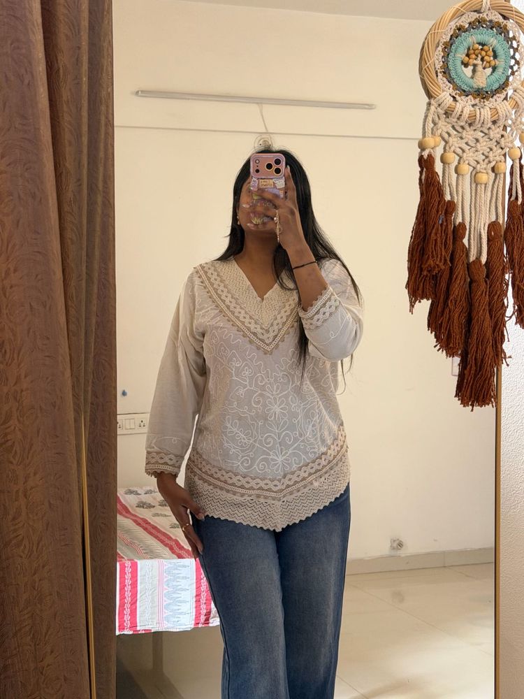 Embroidered V-Neck Kurta Top