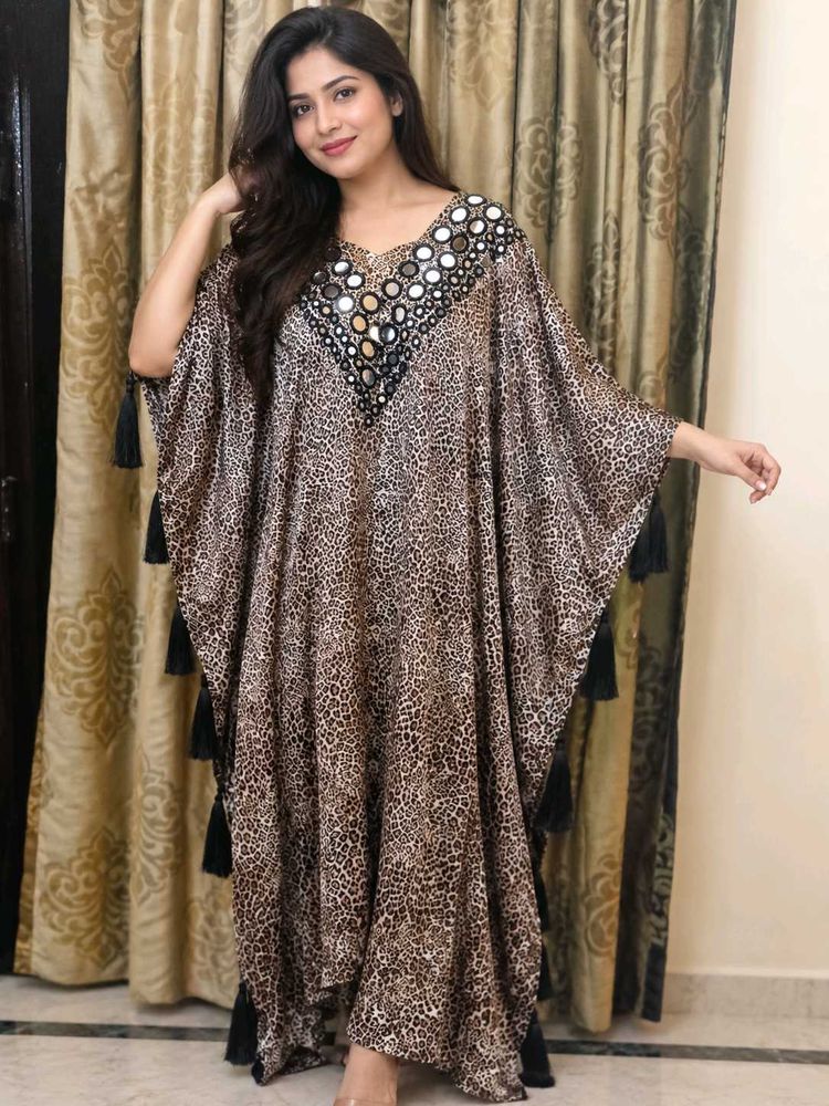 Embellished Leopard Print Kaftan Gown