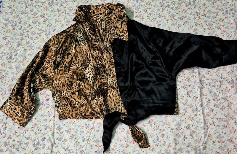 Leopard Print &amp; Black Satin Shirt