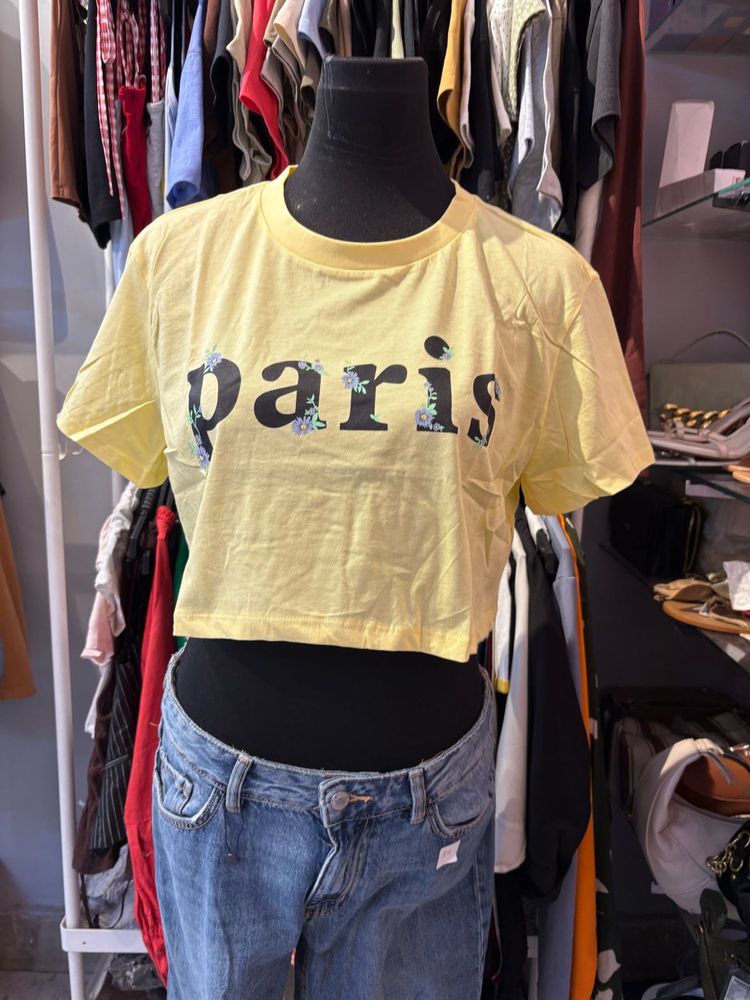 Yellow Paris Graphic Cropped T-Shirt