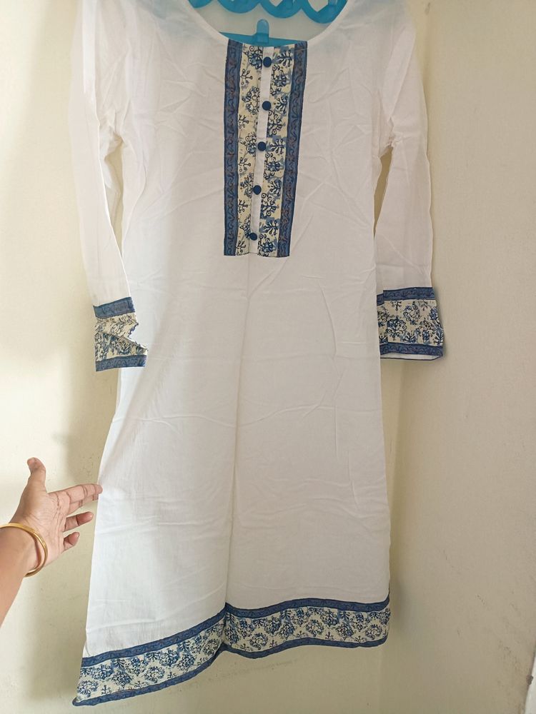Branded Beautiful White Kurti With Blue Design