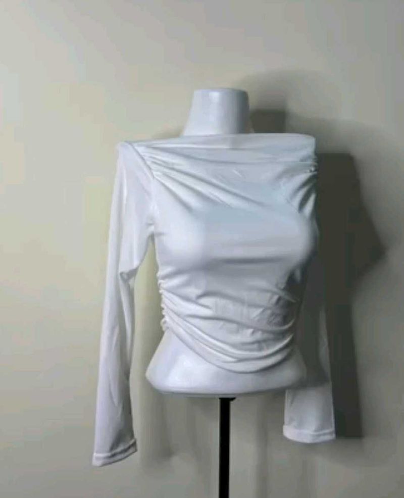 off shoulder Chic White Ruched Long Sleeve Top