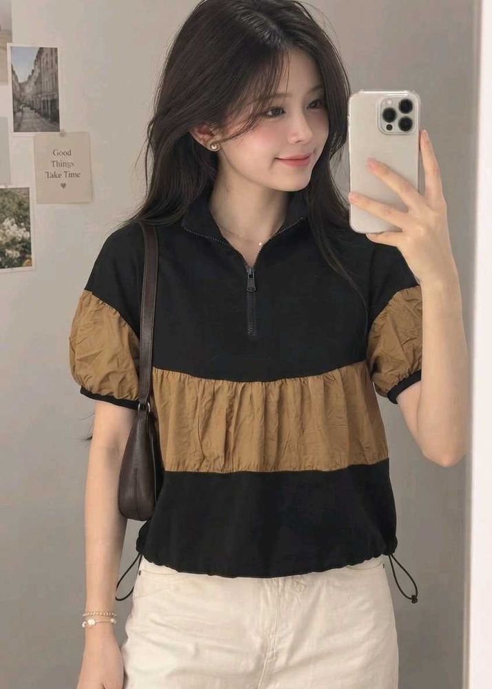 New with tag Korean Chic Black &amp; Tan Puff Sleeve T