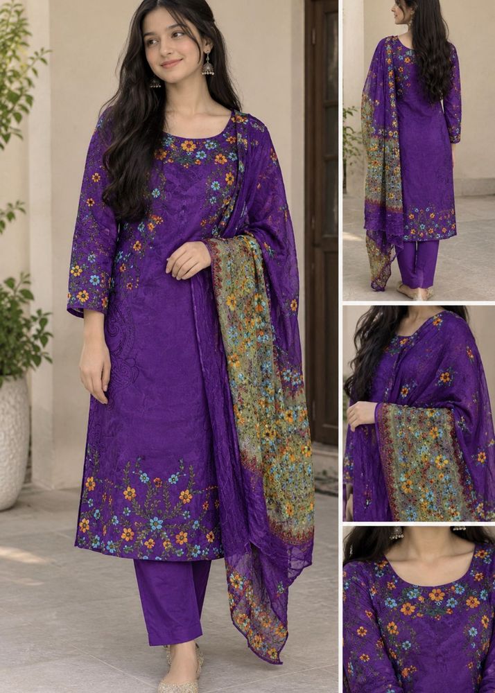 Purple Floral Print Kurta with dupatta