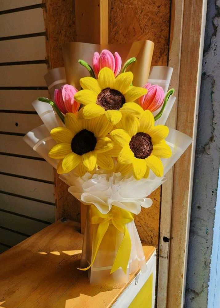 Handmade Crochet Sunflower &amp; Tulip Bouquet