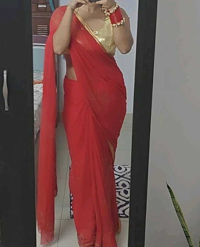 Vibrant Red Embroidered Saree