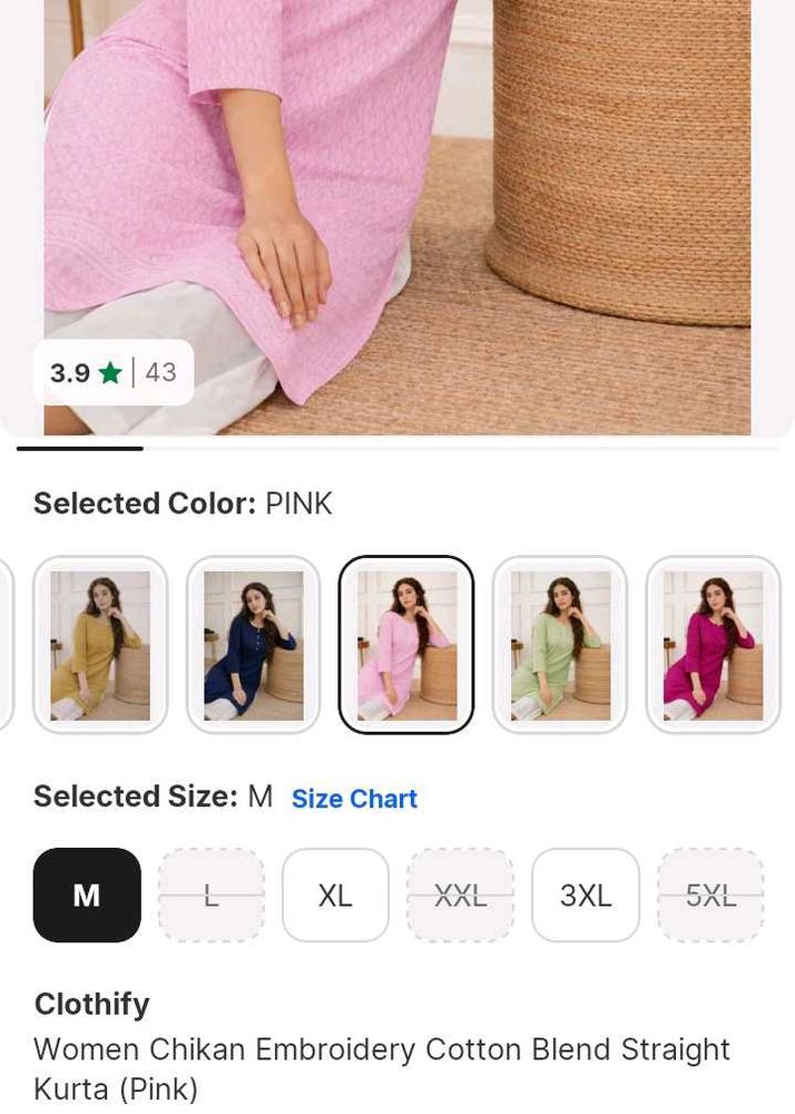 Women's Pink Chikan Embroidery Kurta