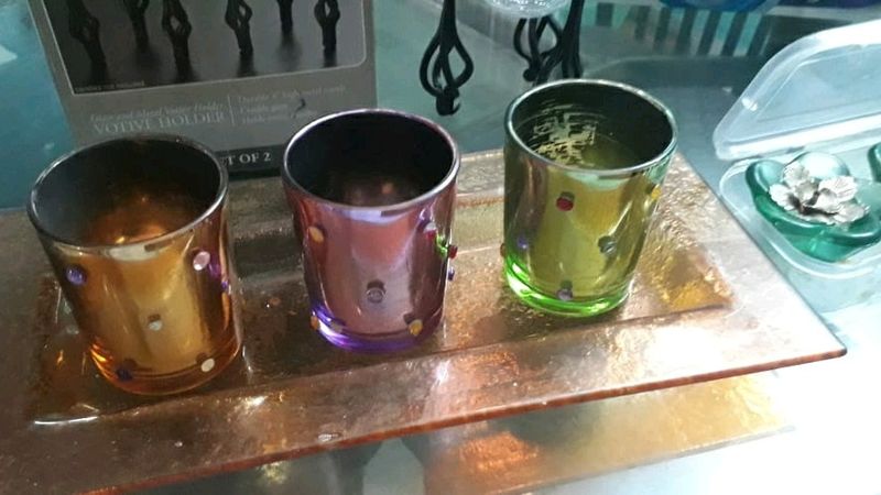 Jeweled Votive Candle Holders &amp; Tray Set