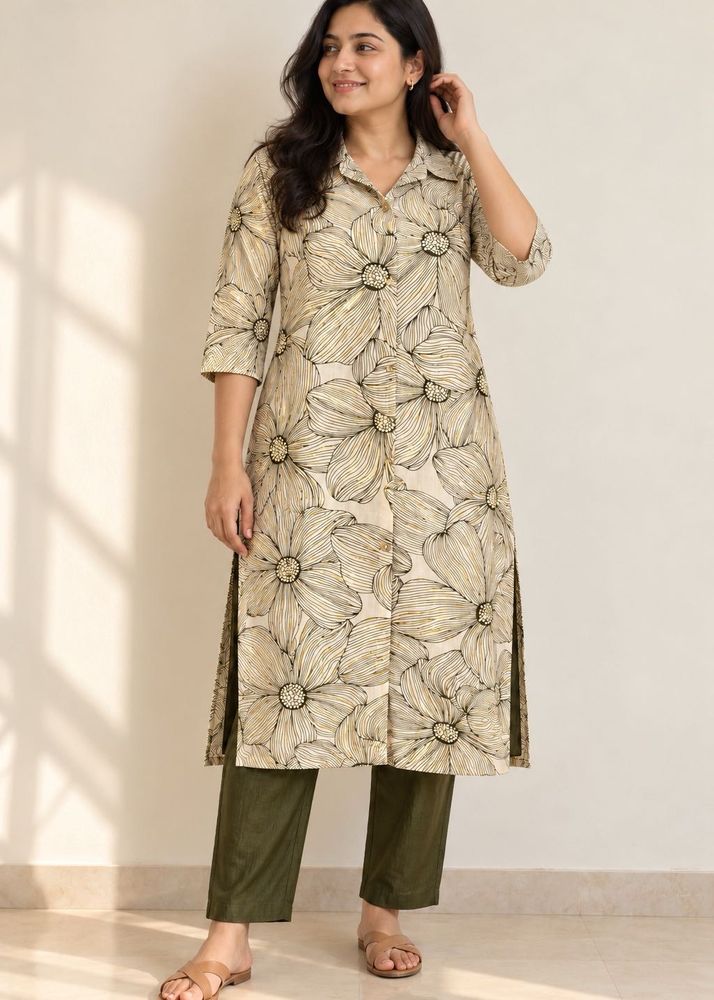 Olive Floral Print Kurta with Trousers