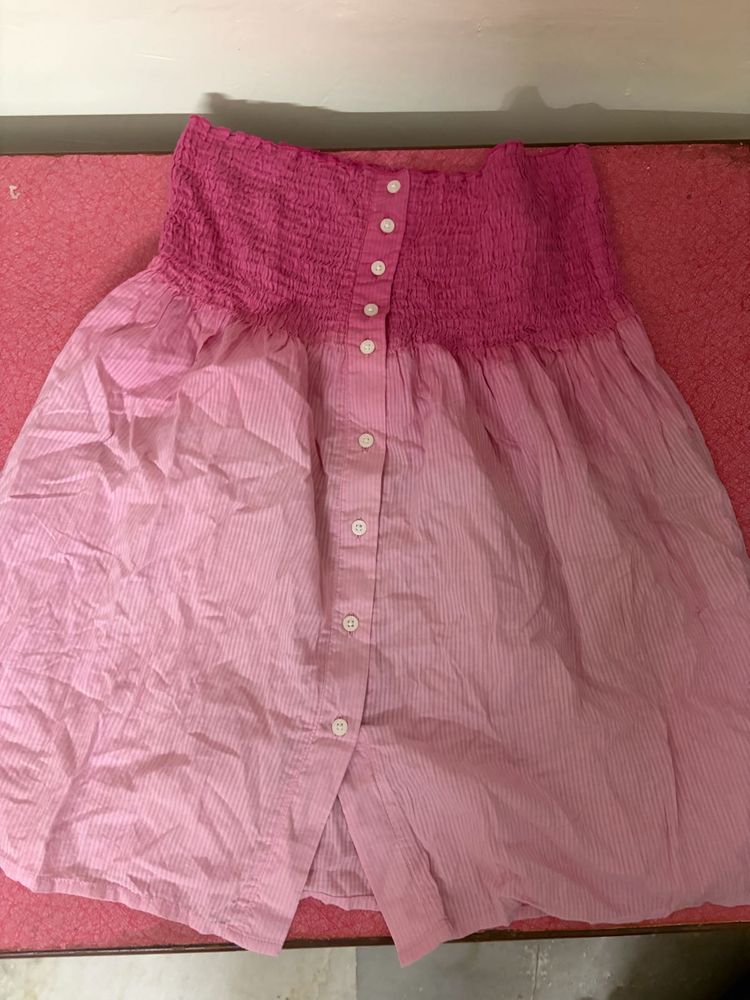 Pink Smocked Button-Down Off shoulder Top