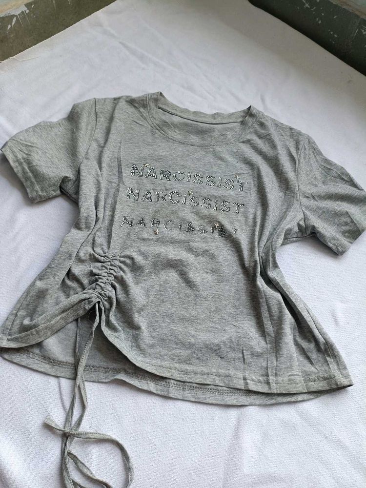 Grey "Narcissist" Ruched T-Shirt