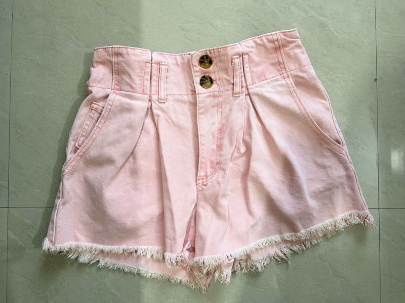 Pink High-Waisted Denim Shorts