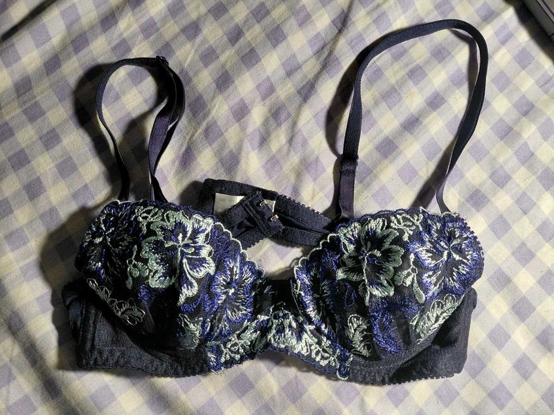 Embroidered Blue Bra