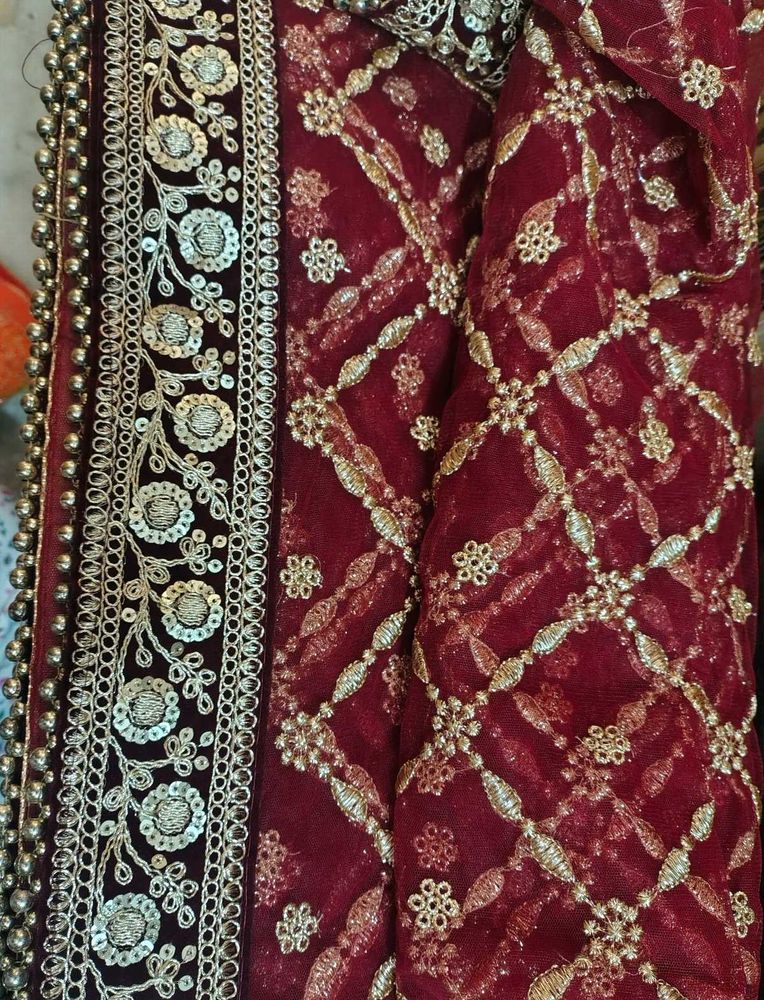 Exquisite Embroidered Maroon Bridal Dupatta