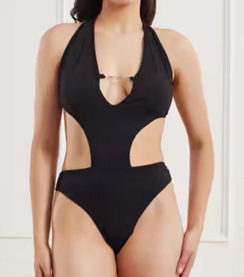 SHEIN Black Lace-Up Cutout Bikini Top