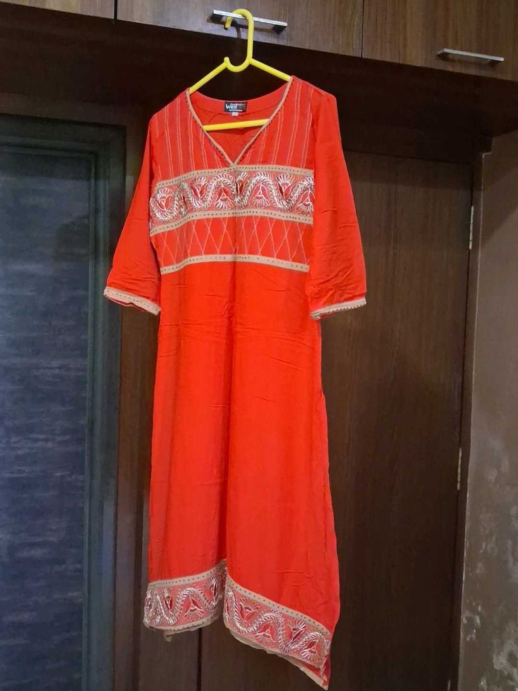 Vibrant Orange Embroidered Kurta
