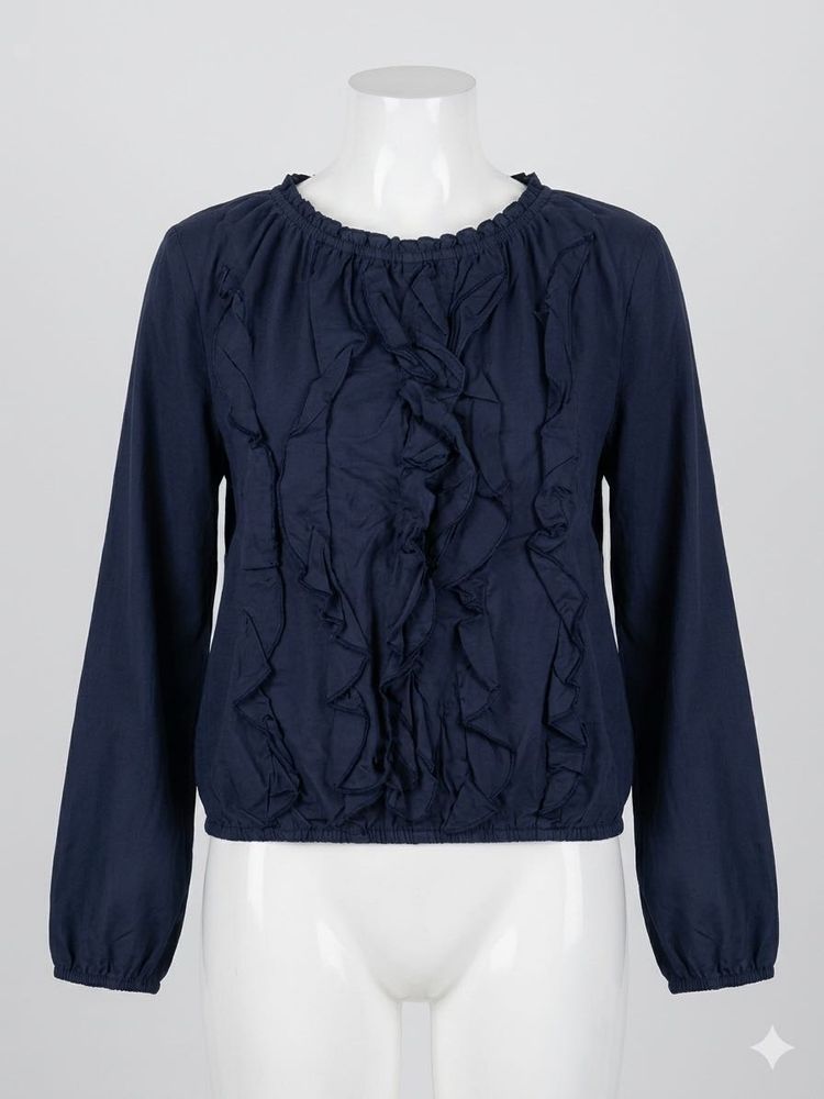 Chic Navy Blue Ruffled Long Sleeve Top
