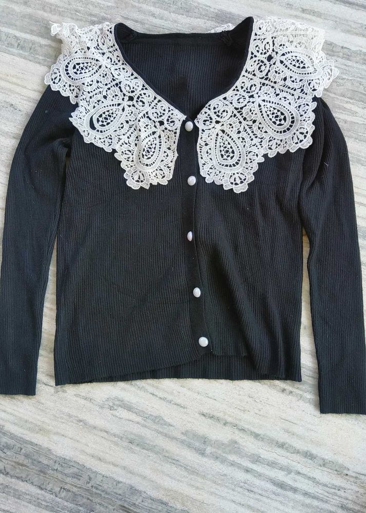 Elegant Black Cardigan Lace Collar,korean