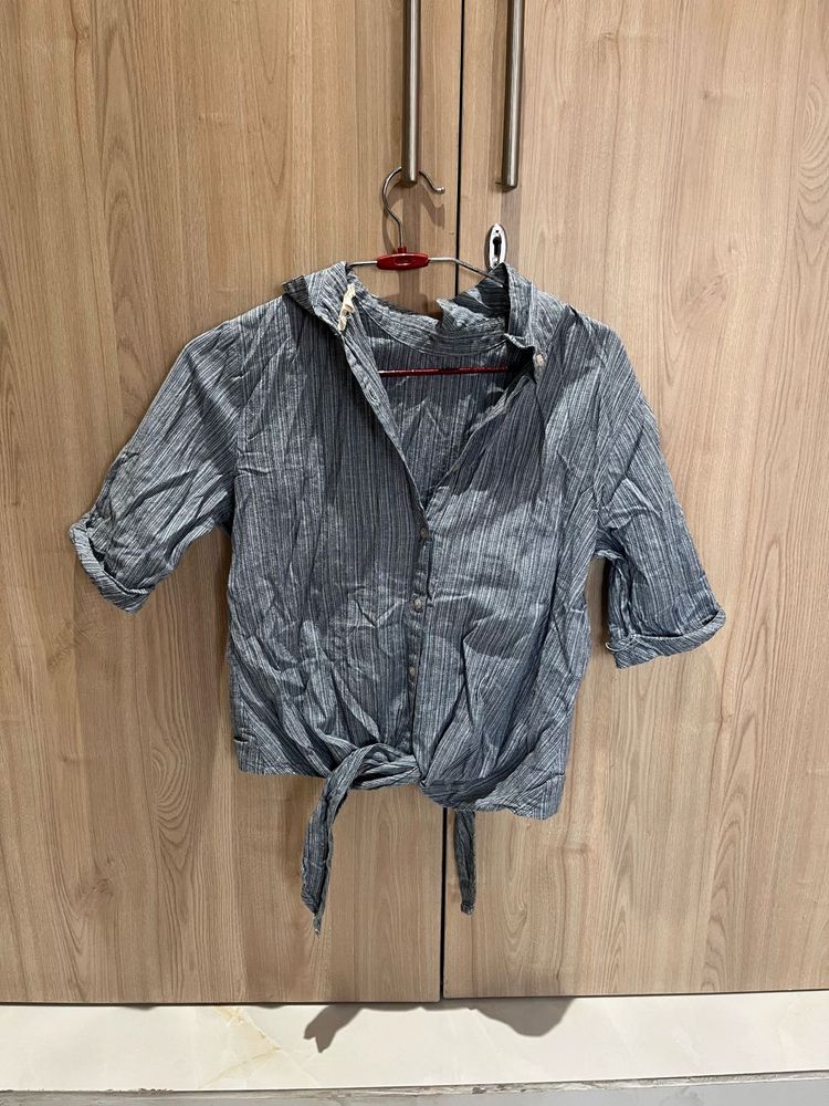 Tie-Front Striped Button-Up Shirt