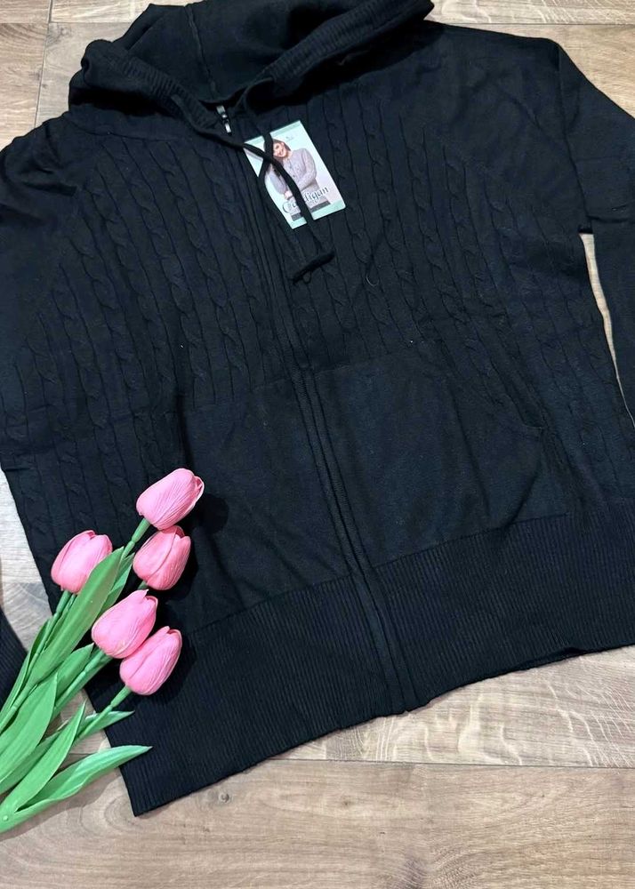Black Cable Knit Zip-Up Hoodie