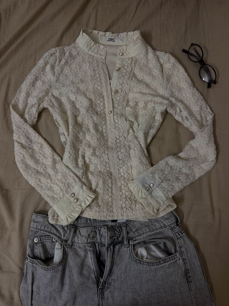Cream Lace Button-Up Blouse
