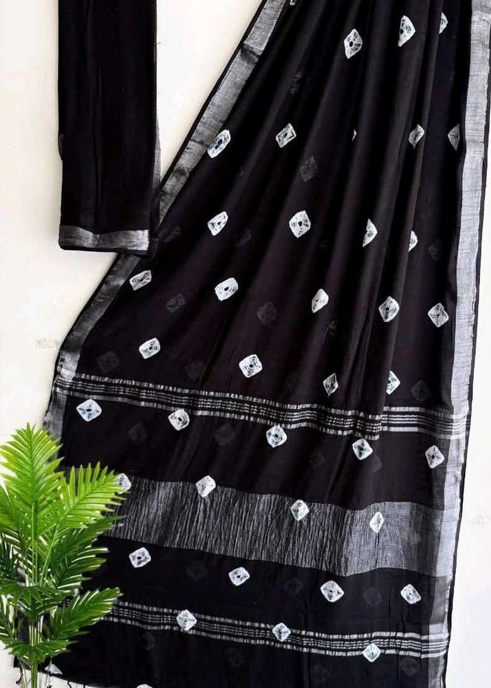Brand New Elegant Black linen Saree with bp