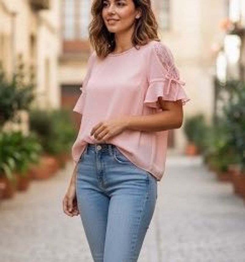 New Peach Lace Sleeve Top