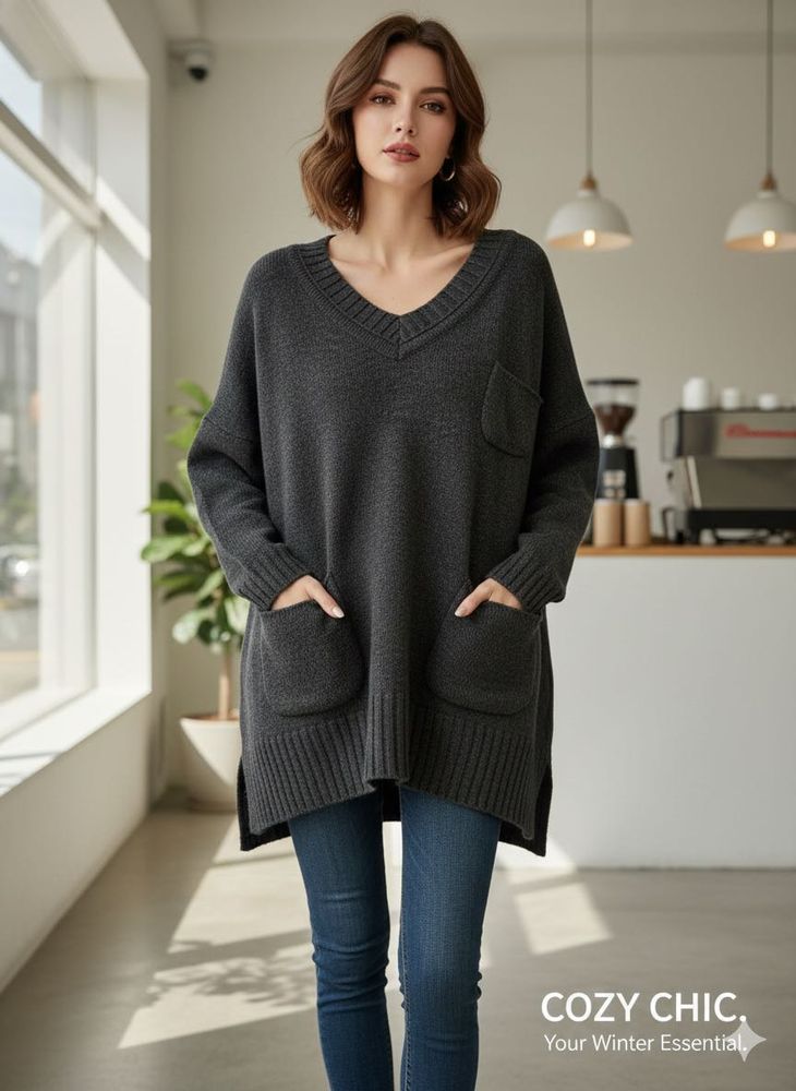 Cozy Grey V-Neck Pocket Sweater