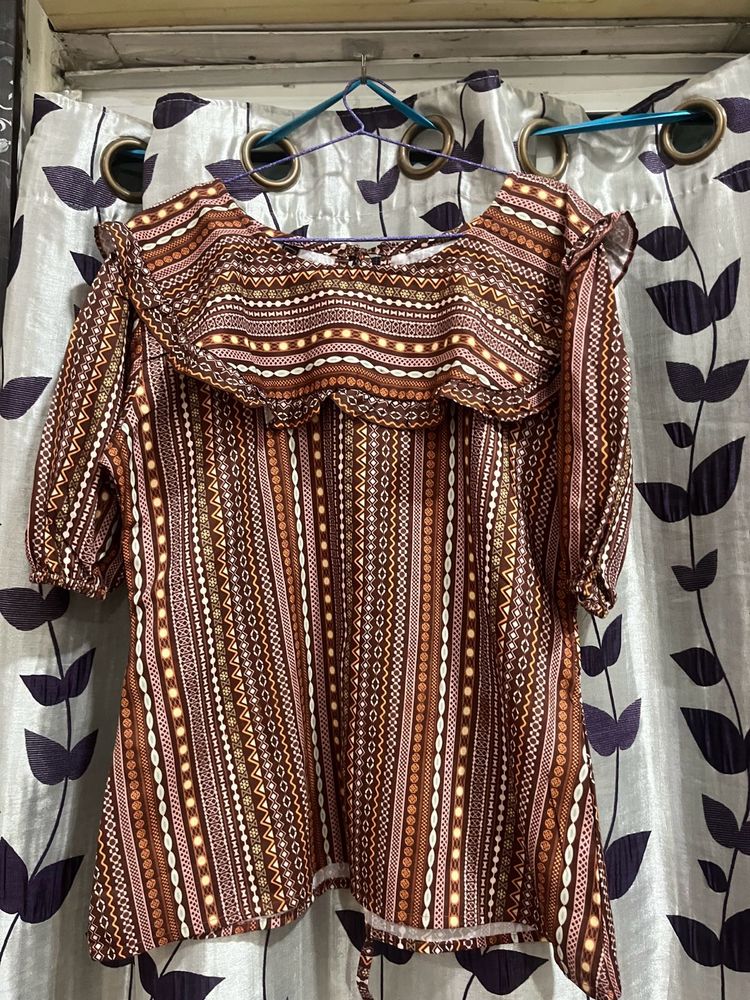 Brown Printed Top With Lace