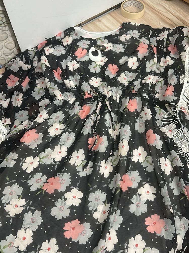 Black Floral Print Gown with Tassels
