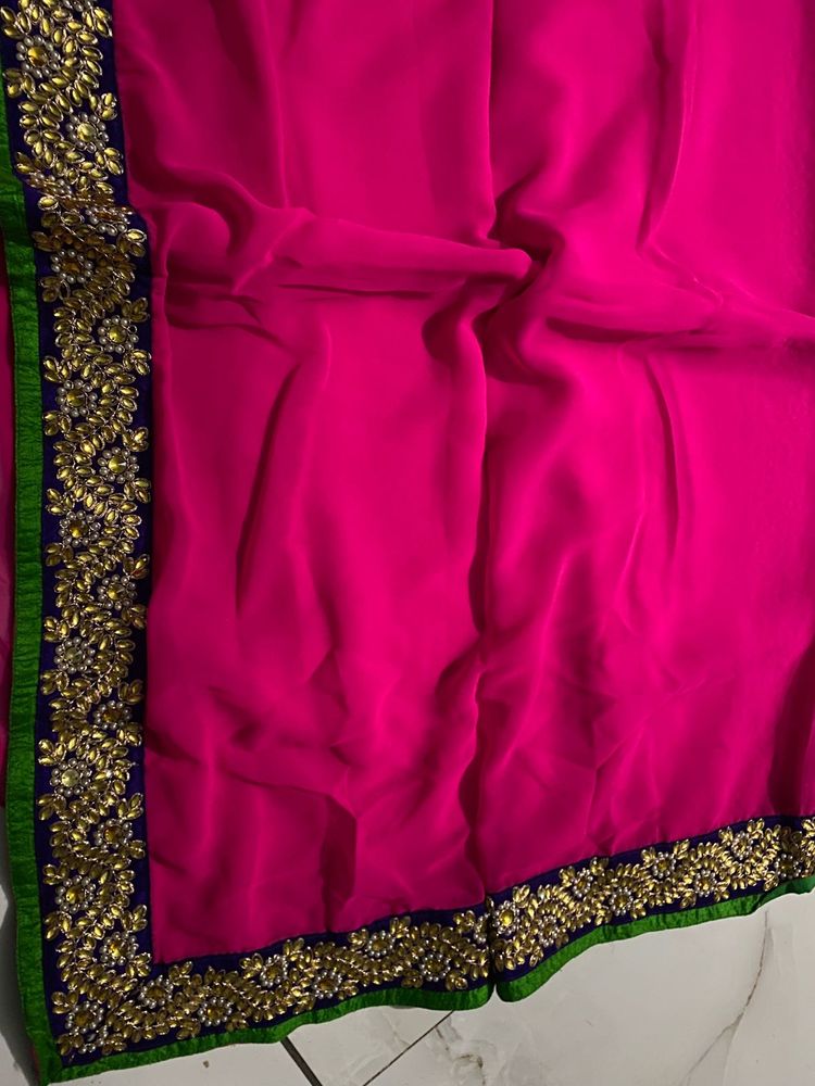 Vibrant Pink Saree with Embellished Border