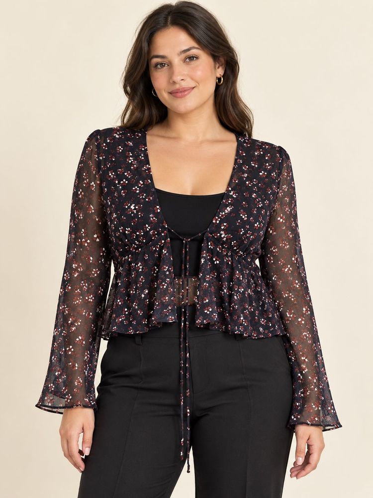 Favourite Floral Print Sheer Tie-Front Top