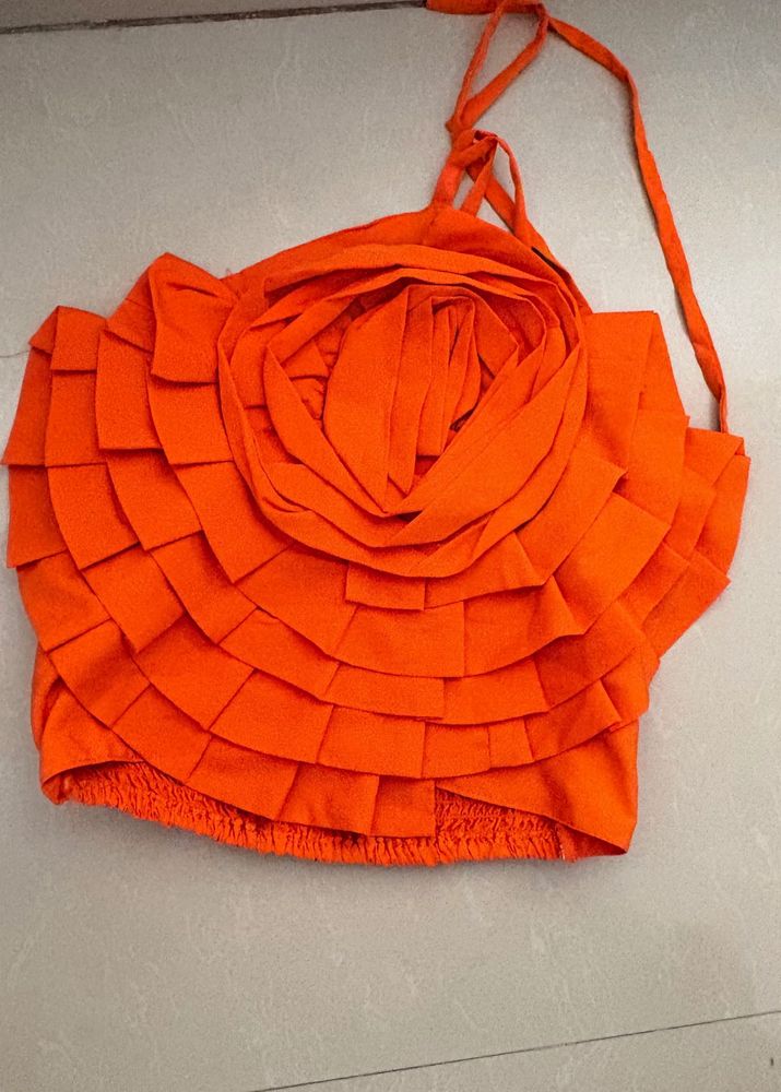 Vibrant Orange Ruffled Rose Crop Top