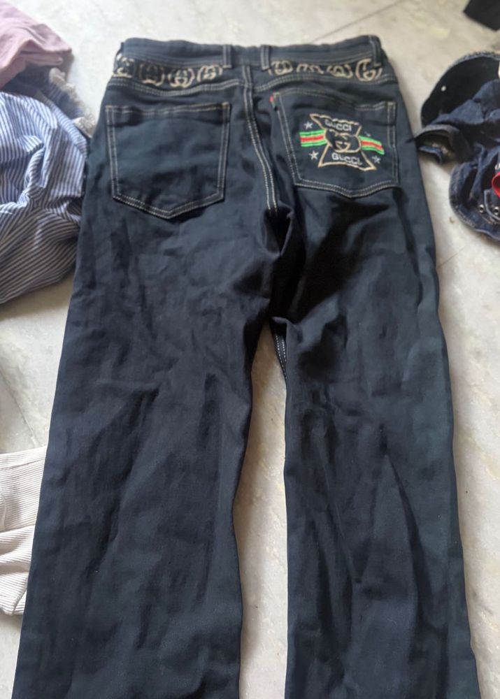 Dark Wash Denim Jeans with Unique Embroidery