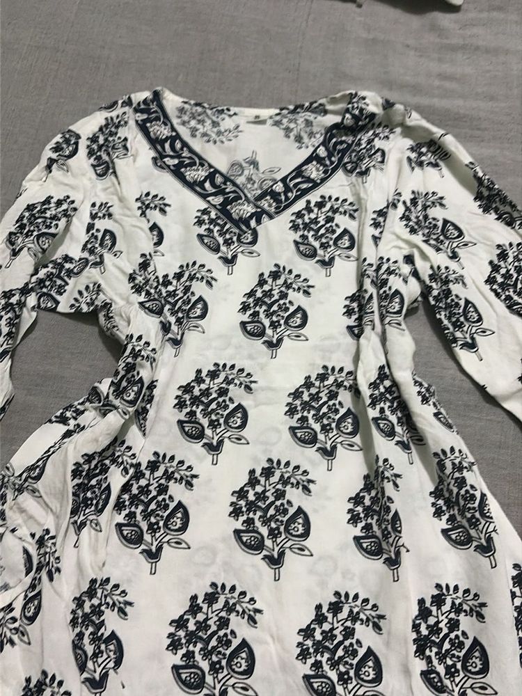 White Kurta with Navy Print