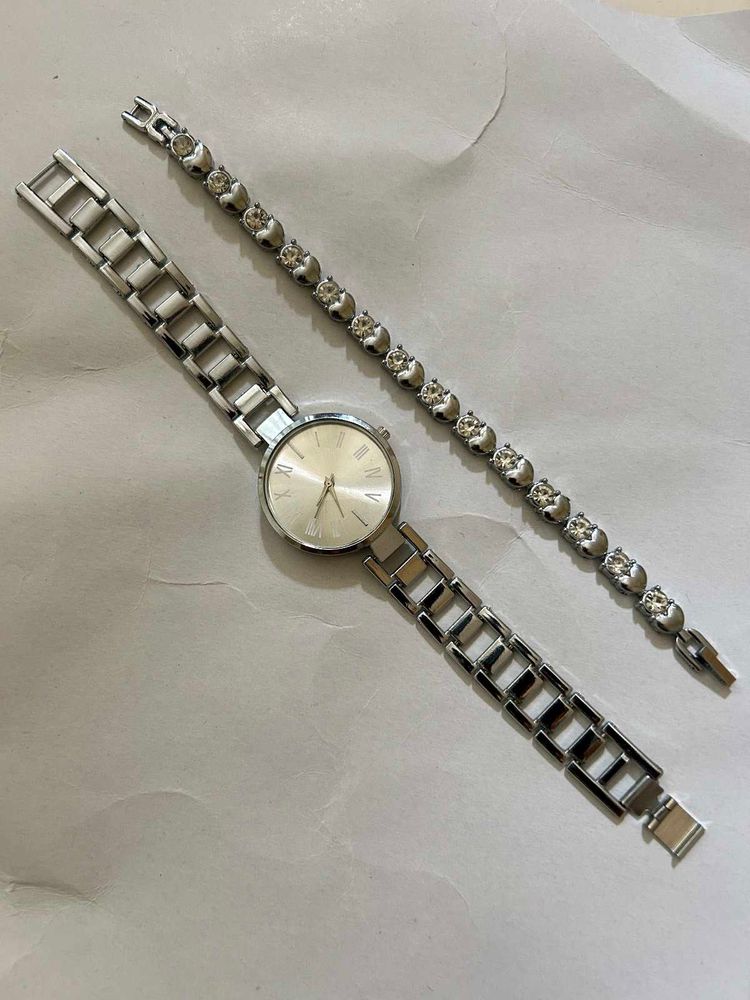 Silver Watch and Bracelet Set