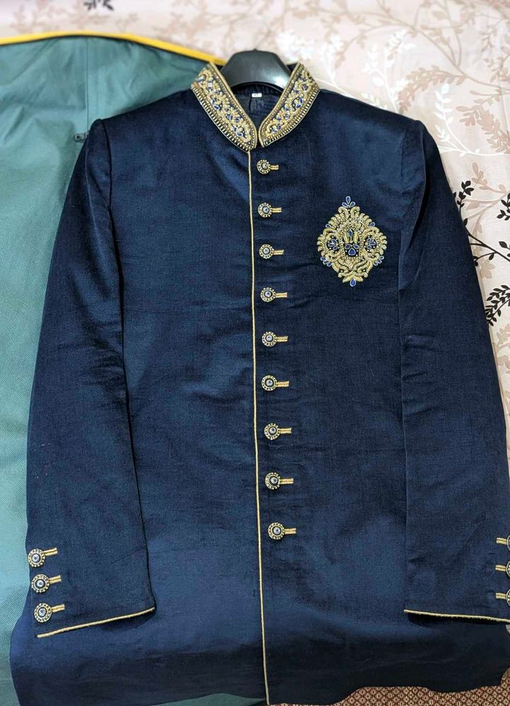 Navy Blue Velvet Designed Sherwani