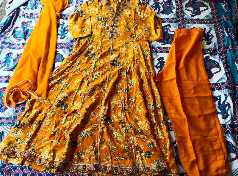 Orange Floral Kurta Set with Dupatta