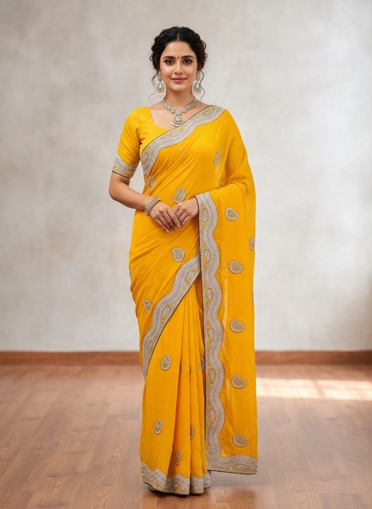 Elegant Yellow 🤩Embroidered pearl Saree💥