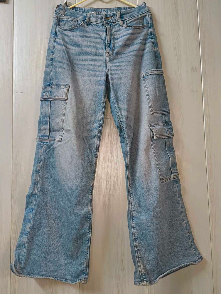 American Eagle Light Wash Wide Leg Cargo Jeans