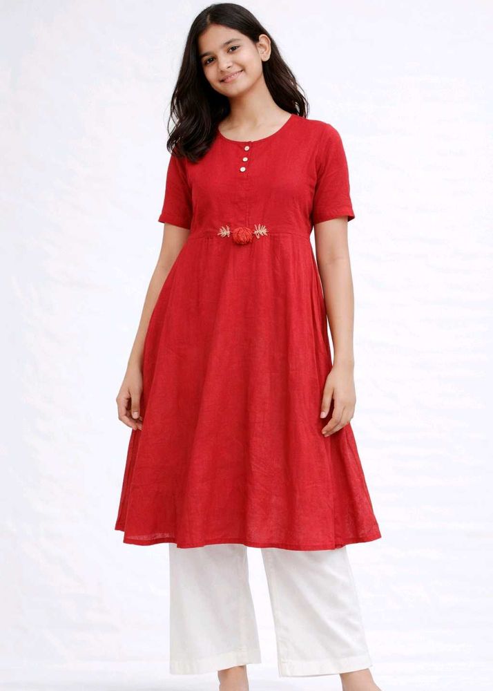 Girls Red Embroidered Casual Dress