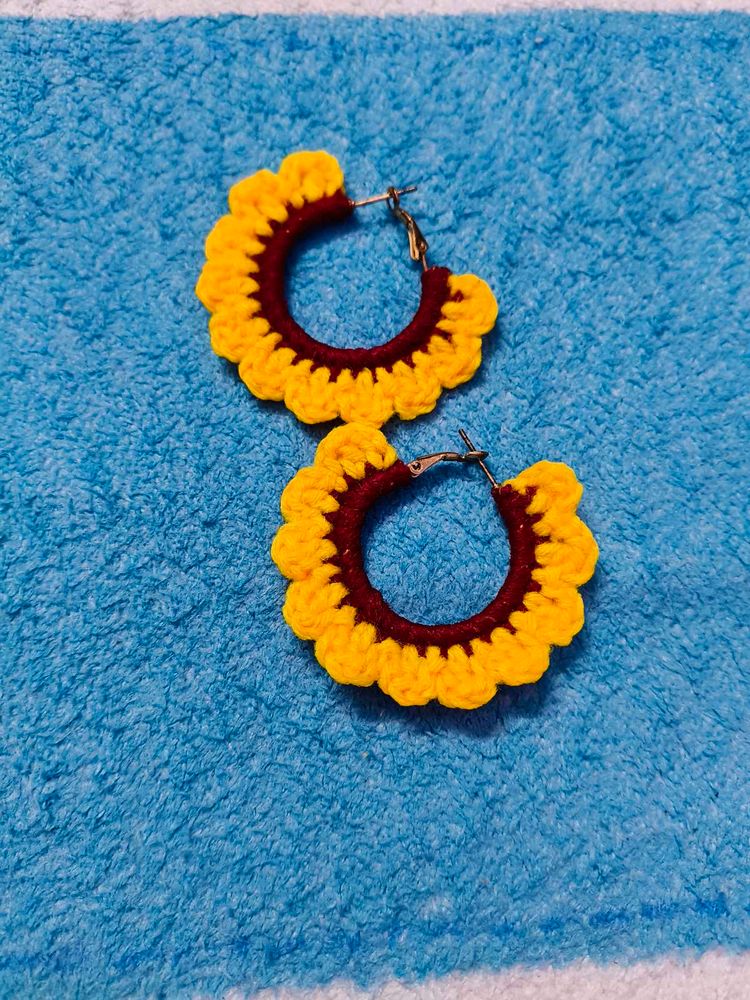 Crochet Sunflower Hoop Earrings